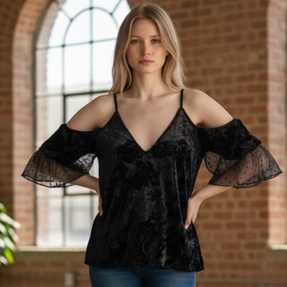 Black Floral Velvet Burnout Ruffle Sheer Top Womens S Cold Shoulder Flowy Sexy